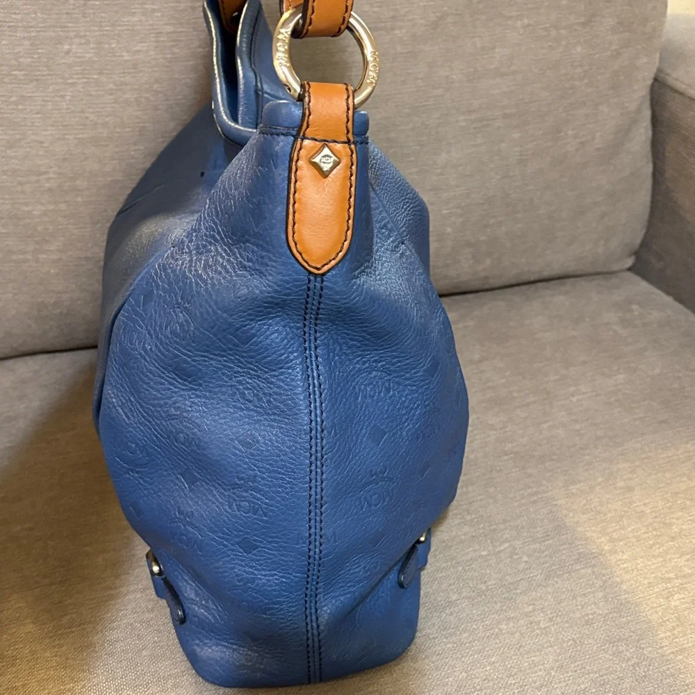 Authentic MCM Blue Leather Shoulder Hobo with Tan Strap